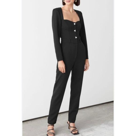 & OTHER STORIES Black Sweet Heart Neck Bling Triangle Button Jumpsuit Size 2 - Picture 1 of 9